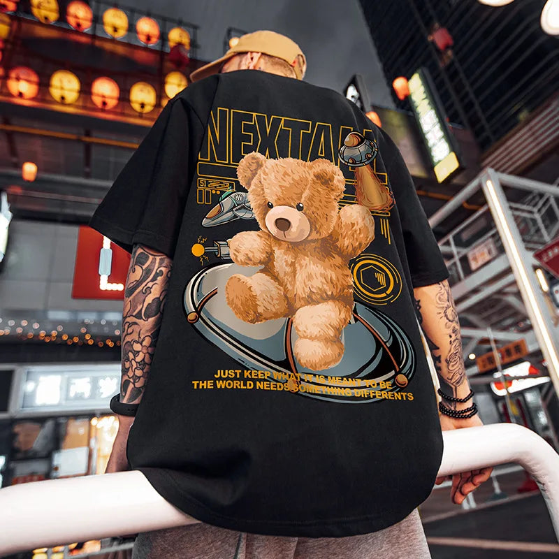 Skatercore Barcode glitch – Summer Men Hip Hop Bear T Shirt 2025 Cartoon Casual Short Sl
