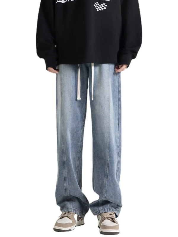 fashion loose streetwear denim pants unisex casual drewstring elastic waist jean pants hip hop trousers joggers mens baggy jeans urban active pants