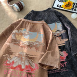 Gothic Tribal flame – Retro Graffiti Printed Tshirt 2024 Summer Trend Washed Aged