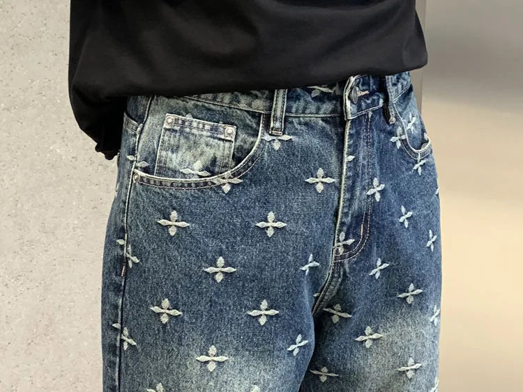 autumn winter new trendy brand jacquard jeans men high street hiphop casual fashion loose denim jeans pants boyfriend trousers unique jeans style 2953