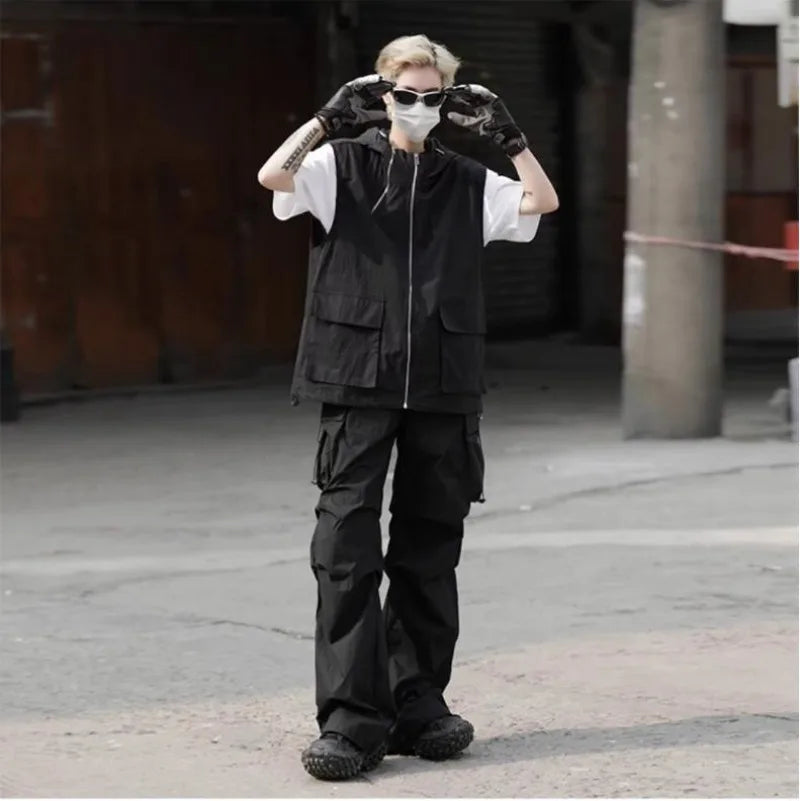 summer casual sleeveless set men hip hop loose hooded vest pockets straight leg cargo pants 2 piece outdoors sports camp suit unique cargo style 4414