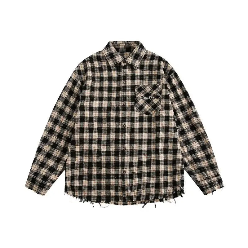 japanese college mens sets rough edge embroidery plaid shirt jackets big pocket retro cargo pants 2 pcs 2024 new casual suits unique cargo style 4454