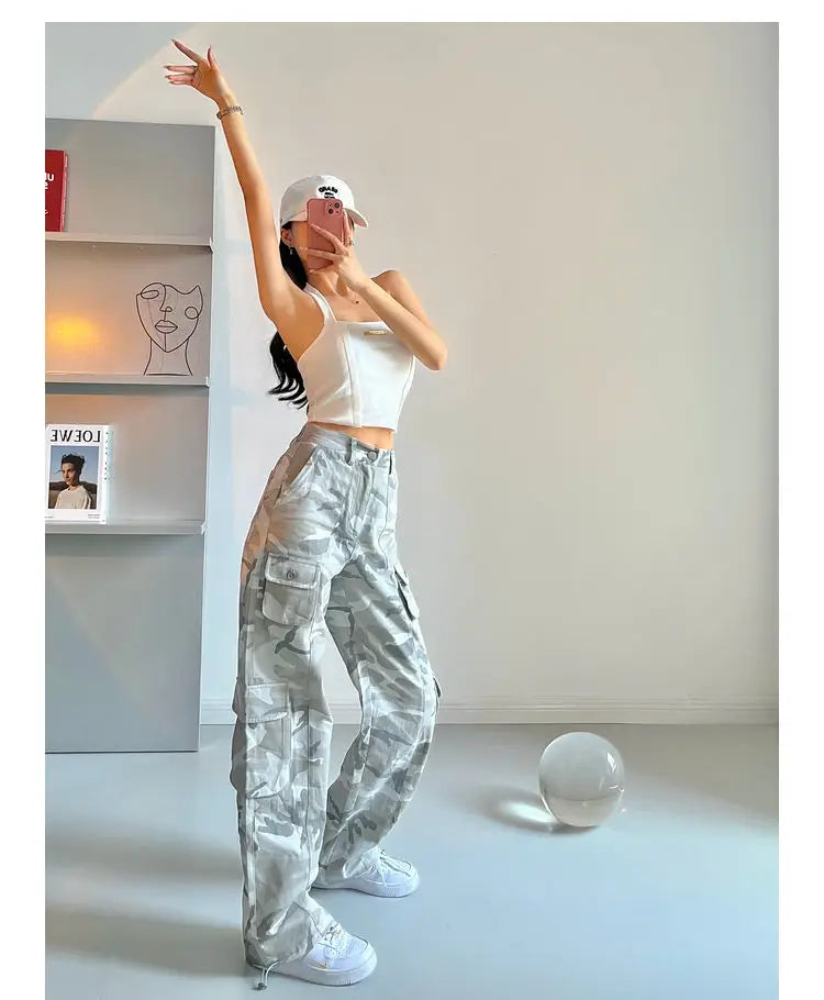 camouflage grey cargo pants women american vintage streetwear straight loose summer hiphop hot pants ins cargo pants womens 2023 unique cargo style 1167