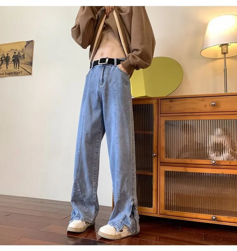 2023 korean fashion ankle zipper vintage brown men jeans pants luxury straight hip hop casual denim trousers pantalones hombre unique jeans style 244
