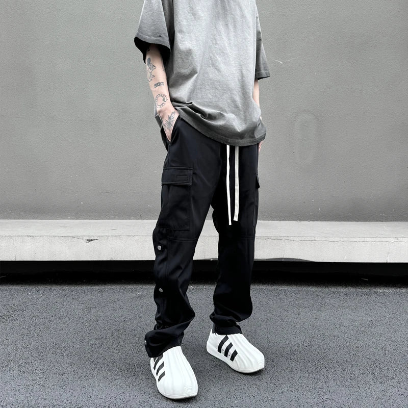 fashion casual hip hop joggers side button trousers elastic waist drawstring track sweatpants new cargo streetwear mens pants urban active pants