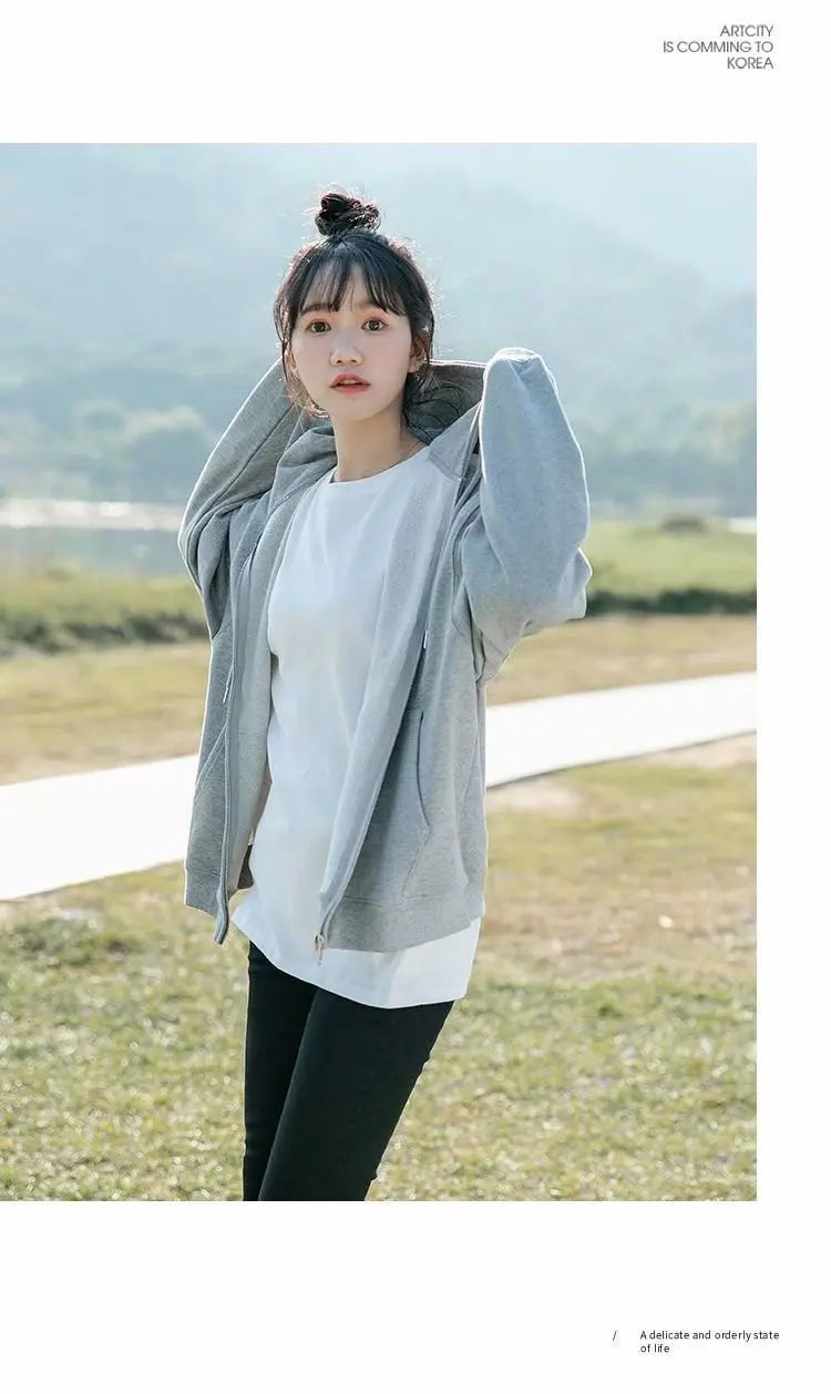 Grey Sweatshirt Hooded Casual Cotton Cardigan Sweatshirts Gray Women C