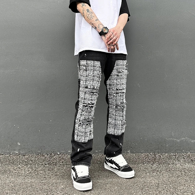 black white checkered patchwork straight leg denim trousers men hip hop splashed ink logging pants jeans slim fit washed torn unique jeans style 560
