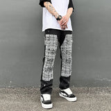 black white checkered patchwork straight leg denim trousers men hip hop splashed ink logging pants jeans slim fit washed torn unique jeans style 560