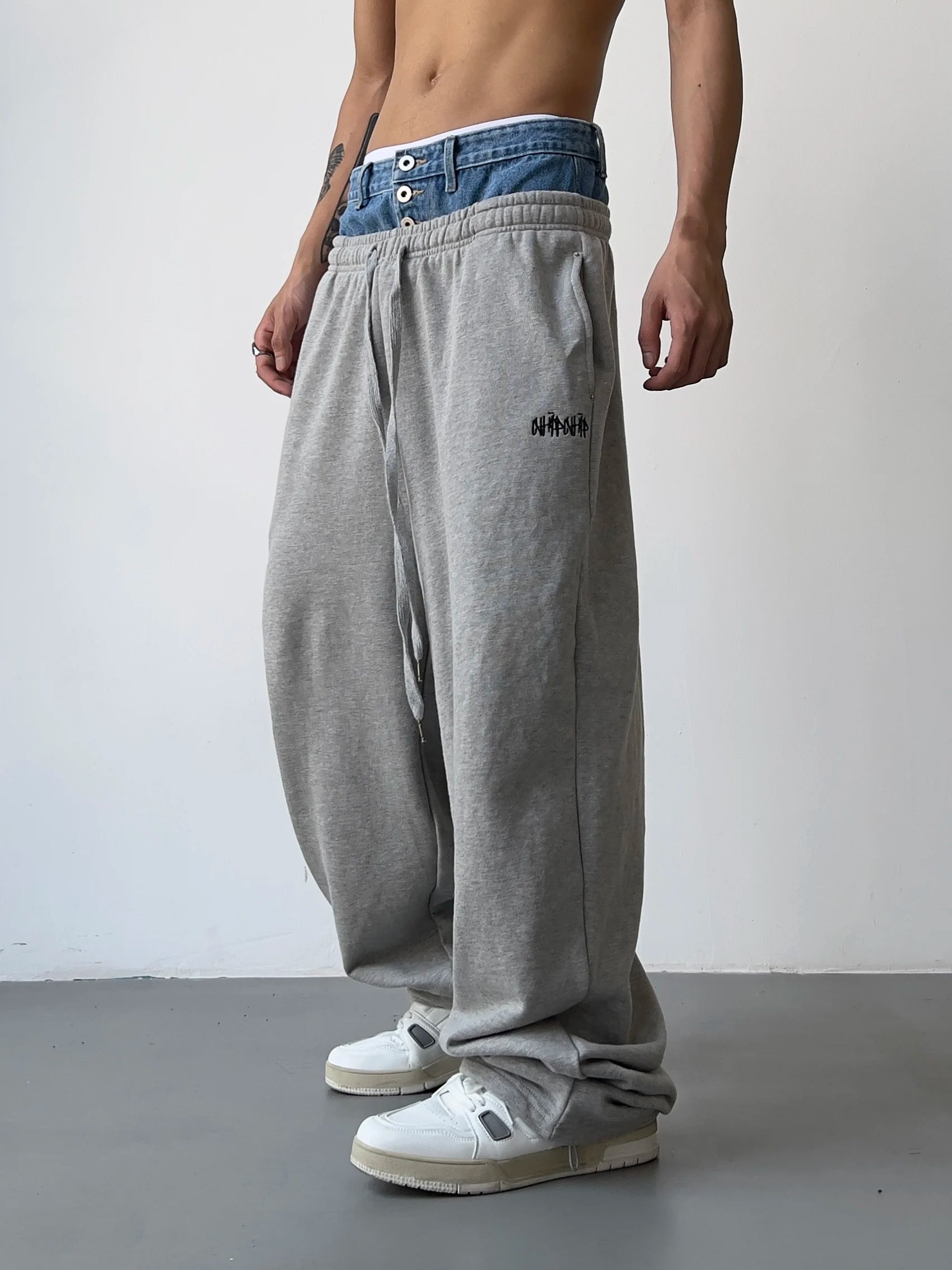 hip hop straight pants spliced button jean elastic waist pants loose trousers unisex casual drewstring sportwear pants joggers unique joggers style 153