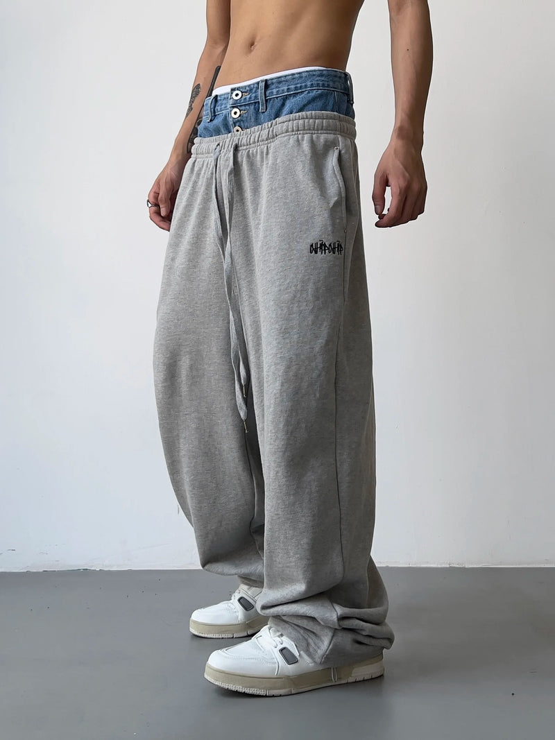 hip hop straight pants spliced button jean elastic waist pants loose trousers unisex casual drewstring sportwear pants joggers unique joggers style 153