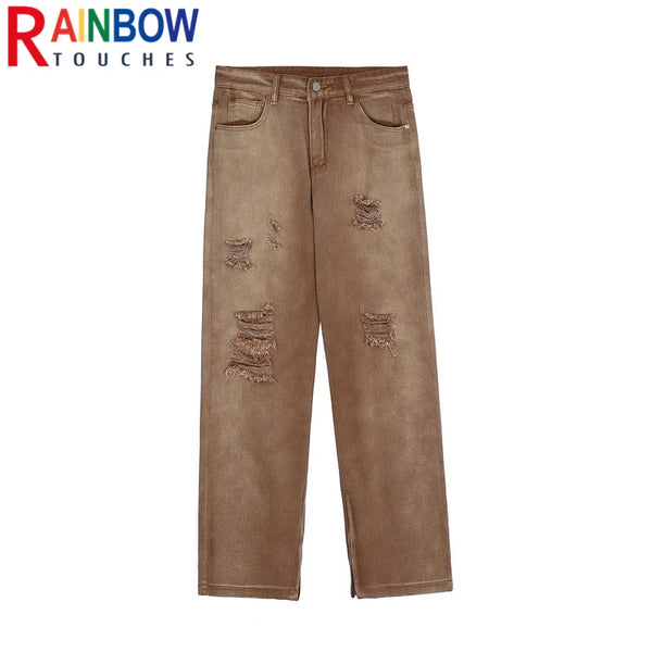 rainbowtouches men washed jeans vintage high street khaki gradient fashion trends jeans loose straight long pant casual pants denim street jeans