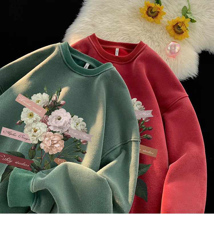 Vintage Floral Graphic Men Sweatshirt Spring Autumn Gothic Round Neck Pullover Hip Hop Streetwear Y2k Sweatshirts