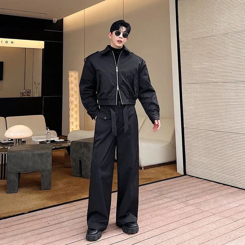 men 2 pieces sets quilted short cargo jacket pant autumn winter korean streetwear casual thicken bomber coat trousers suits multi-pocket cargos