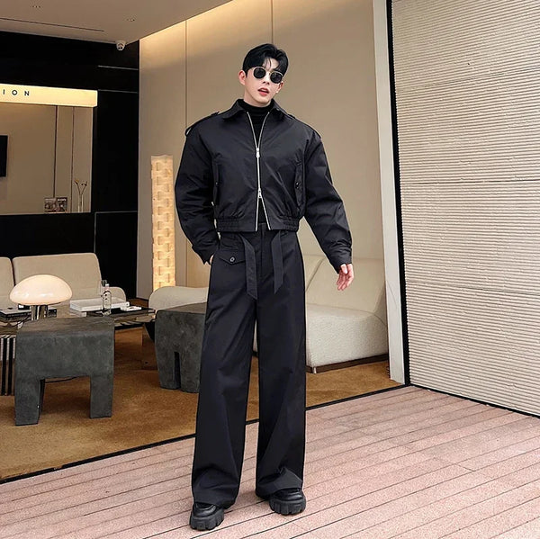 men 2 pieces sets quilted short cargo jacket pant autumn winter korean streetwear casual thicken bomber coat trousers suits multi-pocket cargos