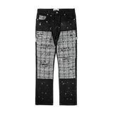 black white checkered patchwork straight leg denim trousers men hip hop splashed ink logging pants jeans slim fit washed torn unique jeans style 556