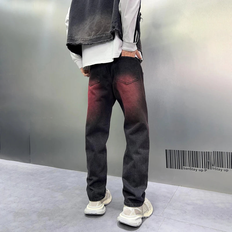 2024 spring autumn high street wide leg denim pants men render red loose straight jeans y2k fashion streetwear baggy trousers urban skinny jeans