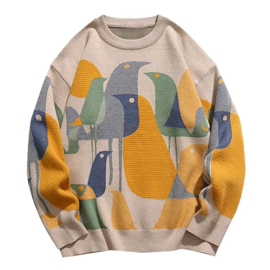 fashion knitted sweater mens autumn winter o neck birds pattern pullover streetwear unisex casual loose sweaters jumper knitwear - trendy hip hop fashion hoodie, Y2K grunge street style, soft fleece-lined outerwear