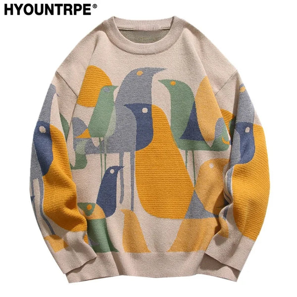 fashion knitted sweater mens autumn winter o neck birds pattern pullover streetwear unisex casual loose sweaters jumper knitwear - trendy hip hop fashion hoodie, Y2K grunge street style, soft fleece-lined outerwear