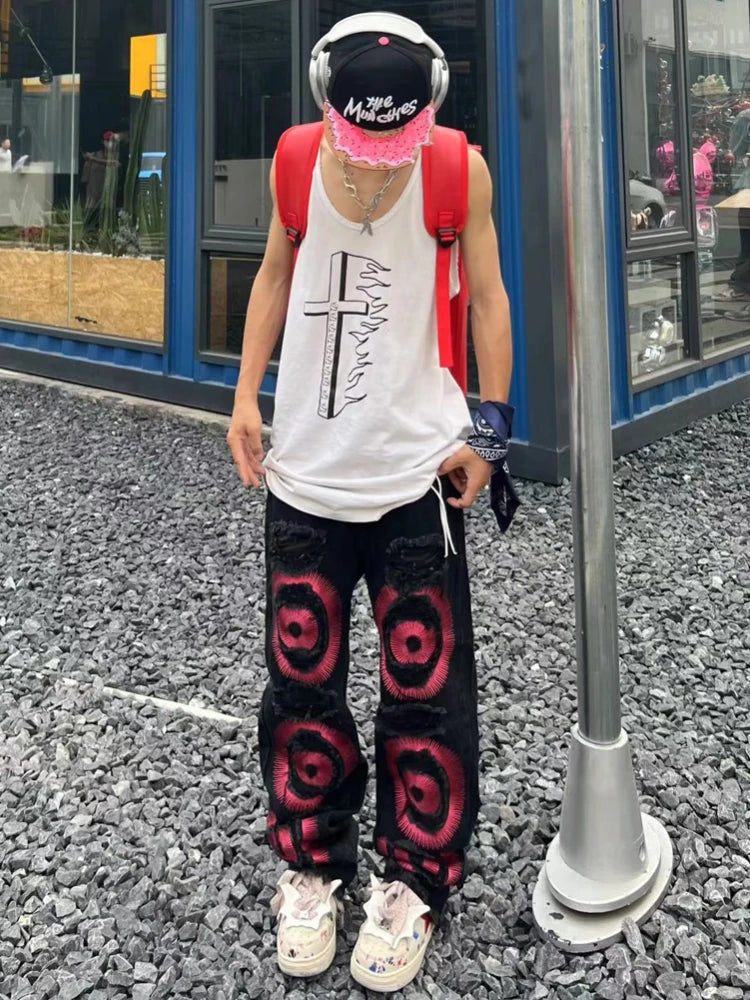 fashion ripped holes denim jeans harajuku embroidery straight jean trousers y2k trouser unisex hip hop streetwear jeans pants unique jeans style 2288