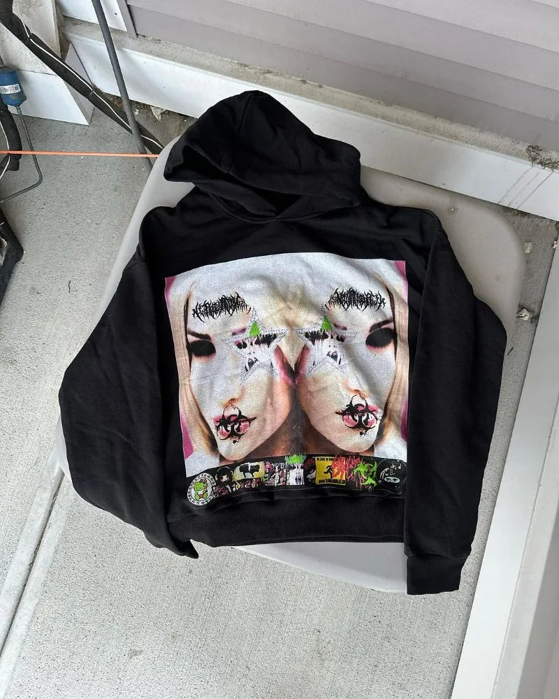 Y2K American Street Fashion Anime Letter Graffiti Print Oversized Hood