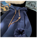 Embossed Letters Casual Hooded Sweatshirt Basic Colours Drawstring Cla