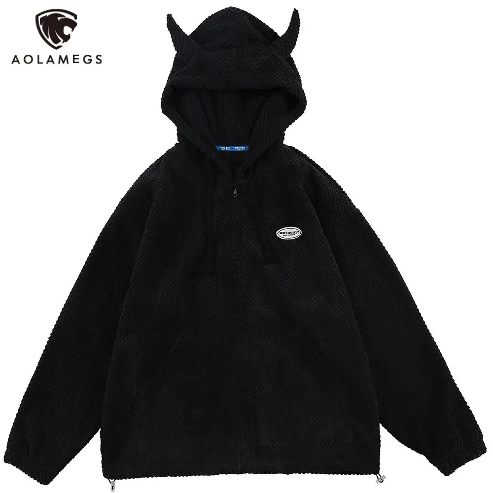 Aolamegs Hoodies Men Twist Knitting Demon Horns Solid Color Zipper Coa