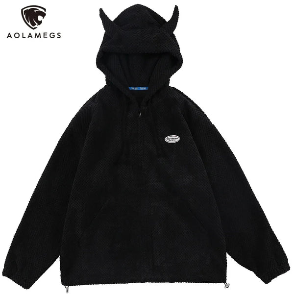 Aolamegs Hoodies Men Twist Knitting Demon Horns Solid Color Zipper Coa