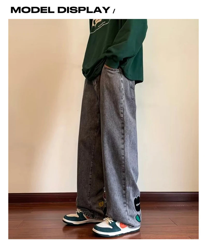 new mens y2k flower printed baggy jeans 2025 streetwear american casual denim wide leg pants hombre vintage straight trousers unique jeans style 690