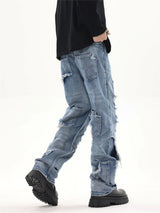 2024 ripped jeans high street straight trousers destroyed hole baggy denim pants vintage retro hip hop unique jeans style 401
