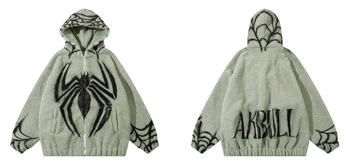 mens harajuku spider graffiti fleece jackets and coats hairy zipper hooded outerwear warm streetwear parkas loose bomber jack - variant style 1e01d1 for streetwear fashion