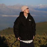 Outdoor Multi Pocket Thicken Man Jacket Winter Retro Warm Camping Cotton-padded Clothes Casual Print Loose Hooded Fashion Coat