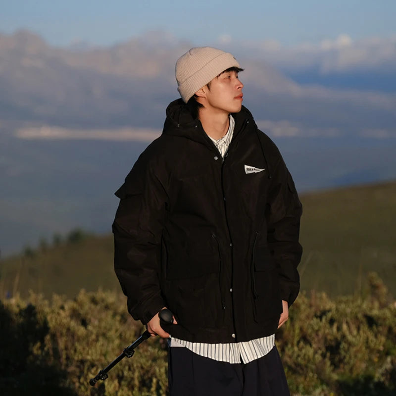 Outdoor Multi Pocket Thicken Man Jacket Winter Retro Warm Camping Cotton-padded Clothes Casual Print Loose Hooded Fashion Coat