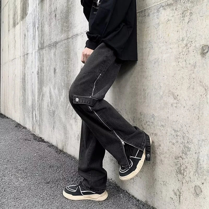 2023 cool design side zipper baggy men cargo jeans pants vintage brown straight cotton hip hop long trousers pantalones hombre multi-pocket cargos