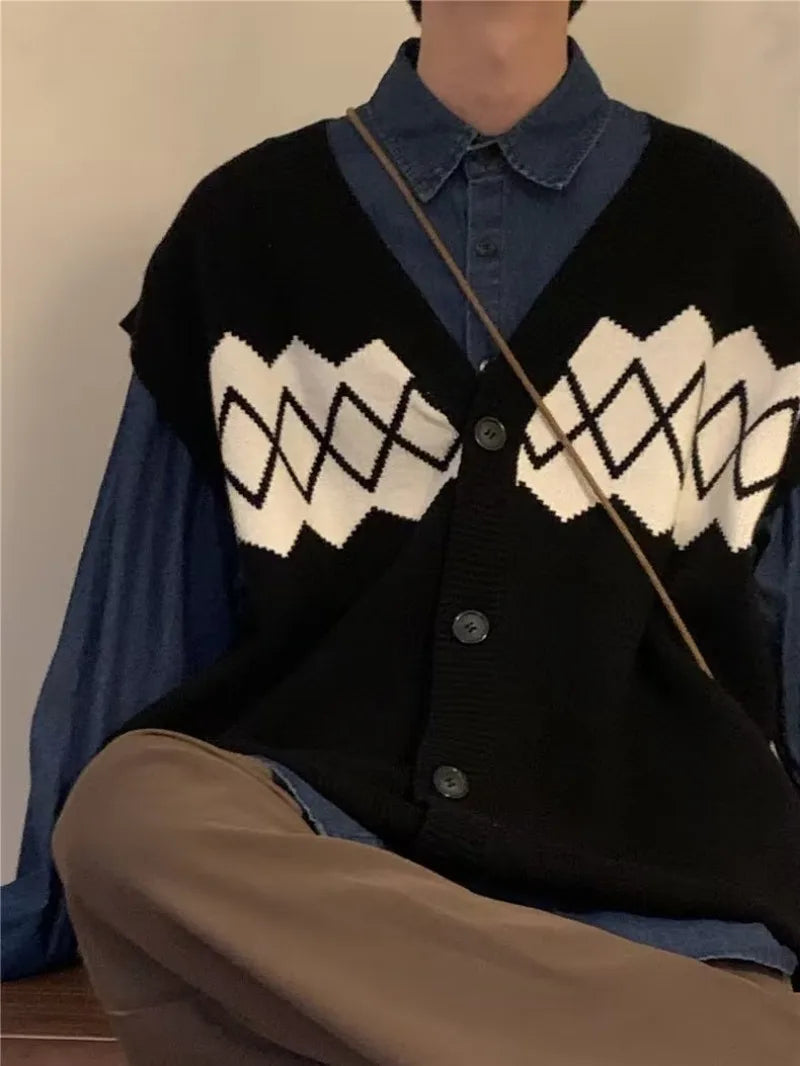 autumn japanese 3 piece set men women college knitted vest jogging pant long sleeve shirts vintage wide leg baggy casual suits unique default style 4939