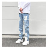 letters patckwork bottom ripped denim jeans men casual straight biker trousers fashion streetwear hip hop jean pants joggers unique joggers style 3732
