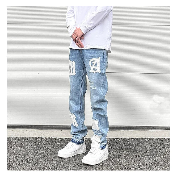 letters patckwork bottom ripped denim jeans men casual straight biker trousers fashion streetwear hip hop jean pants joggers unique joggers style 3732