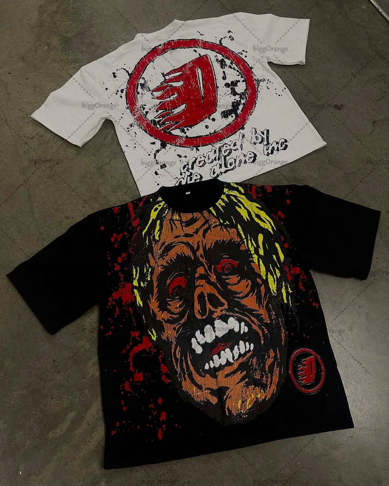 Skatercore Melting smiley – 2023 New Gothic Punk Devil Pattern Print Oversized T Shirt M