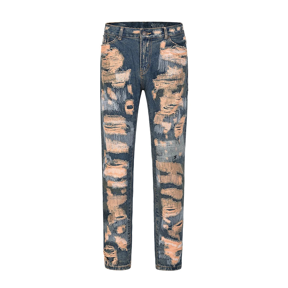 high street hole distressed ripped straight baggy jeans for men washed patchwork casual cargo pants oversized denim trousers utility cargo pants