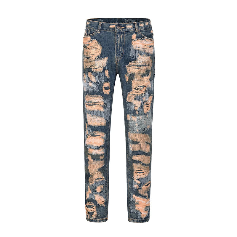 high street hole distressed ripped straight baggy jeans for men washed patchwork casual cargo pants oversized denim trousers utility cargo pants