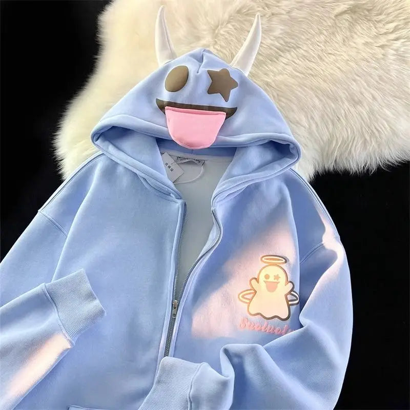 Japanese Devils Corner Hoodie Womens Couple Loose Gothic Winter Clothing Plush Hoodie Womens Zipper Hoodie  sweatshirt