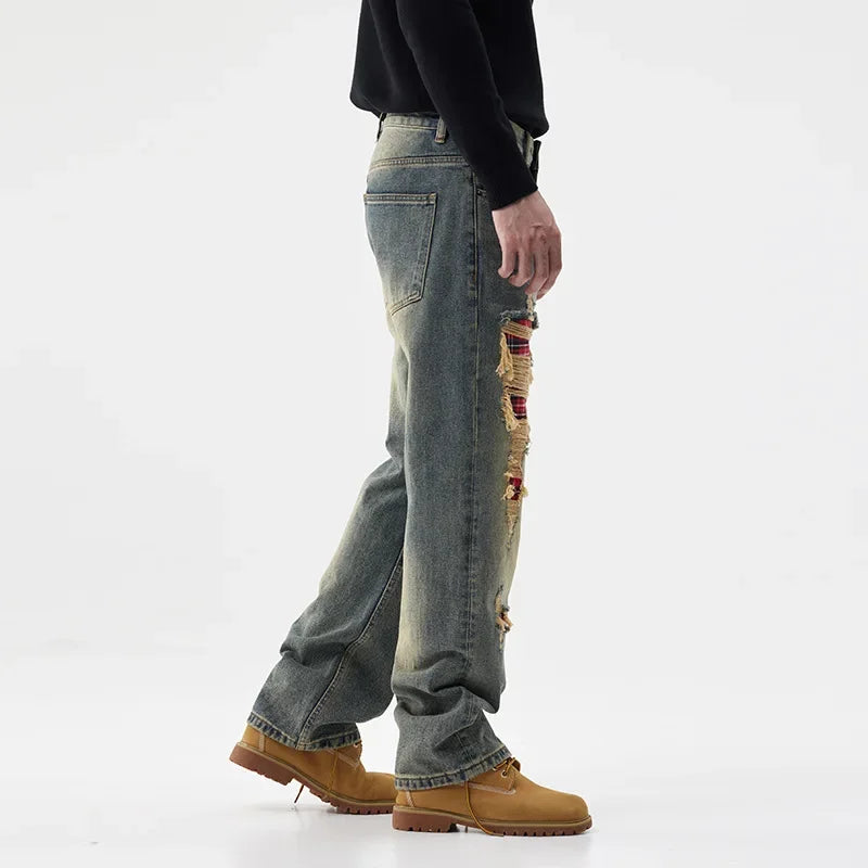 men broken hole patch loose casual plus size straight ripped denim pants jeans man streetwear fashion baggy jeans trousers unique jeans style 3155