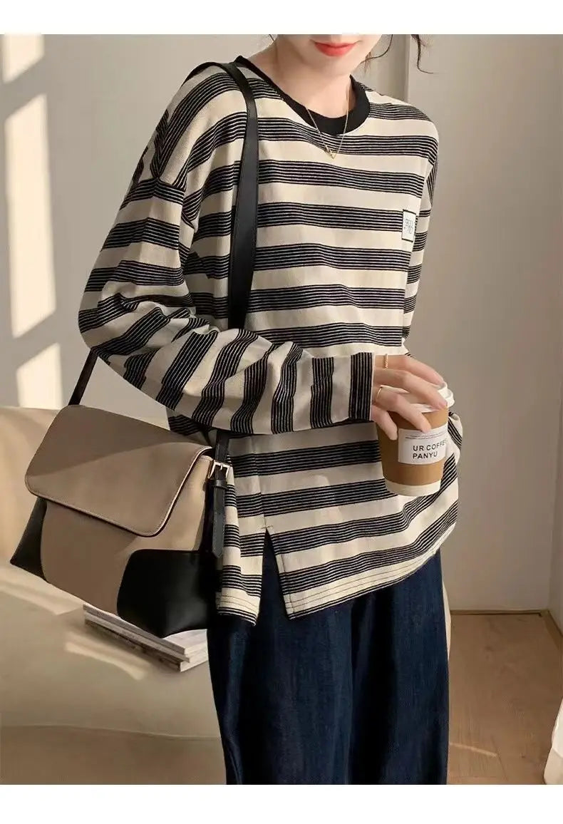 Y2k Vintage print – Design Niche Slit Striped Bottoming Shirt Women Autumn And W