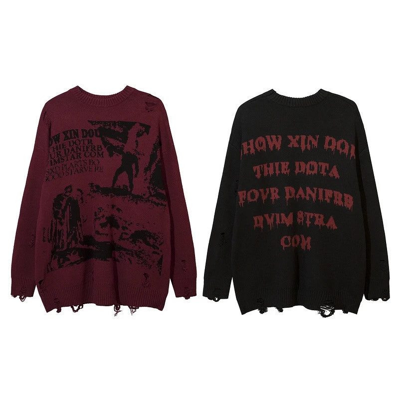 ripped goth women y2k men sweaters vintage black oversized knitted sweater harajuku anime fashion winter 2023 knit tops pullover streetwear fashion hoodie, oversized graphic print design, urban wear with bold artwork
