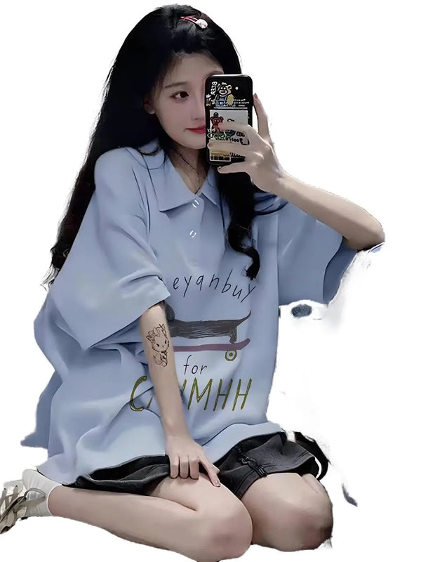 Gothic Vintage print – New 2024 Korean Style Casual Loose Blue Polo Collar Short Sl