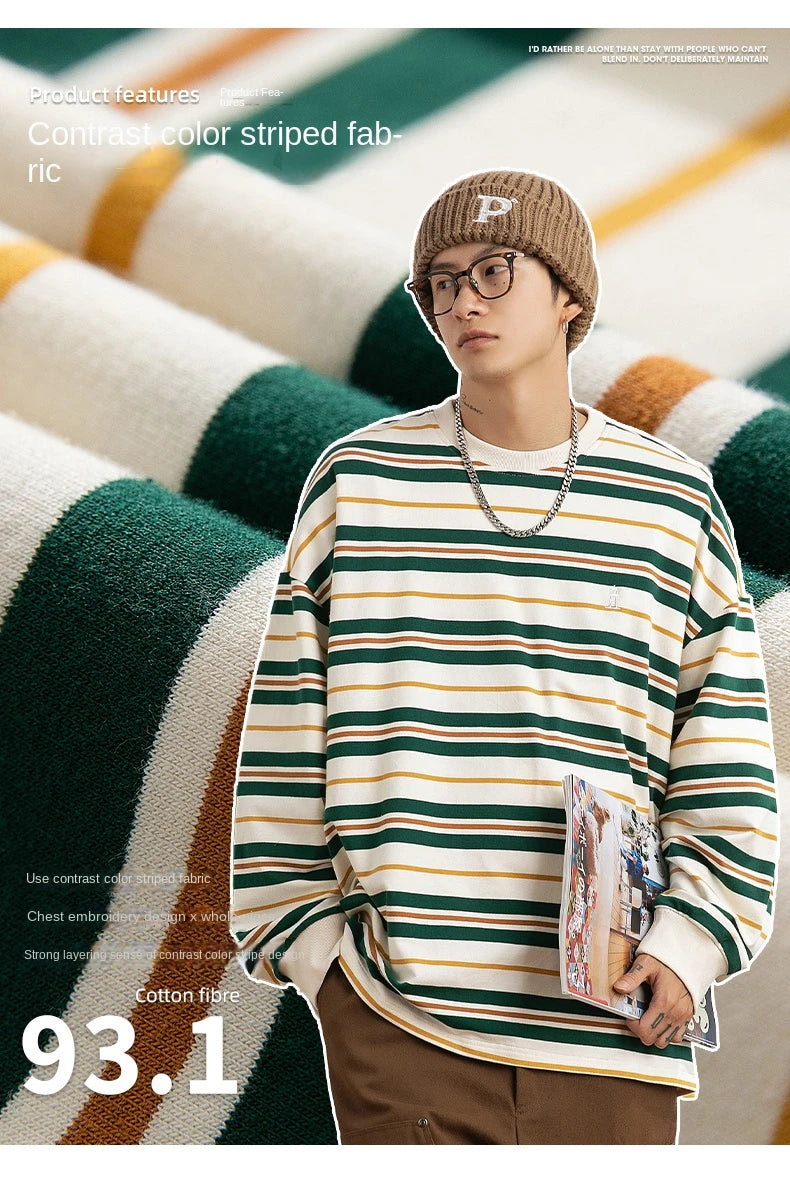 Vaporwave Oversized shirt – Embroidered Striped Contrast Round Neck Cotton Sweatshirts A