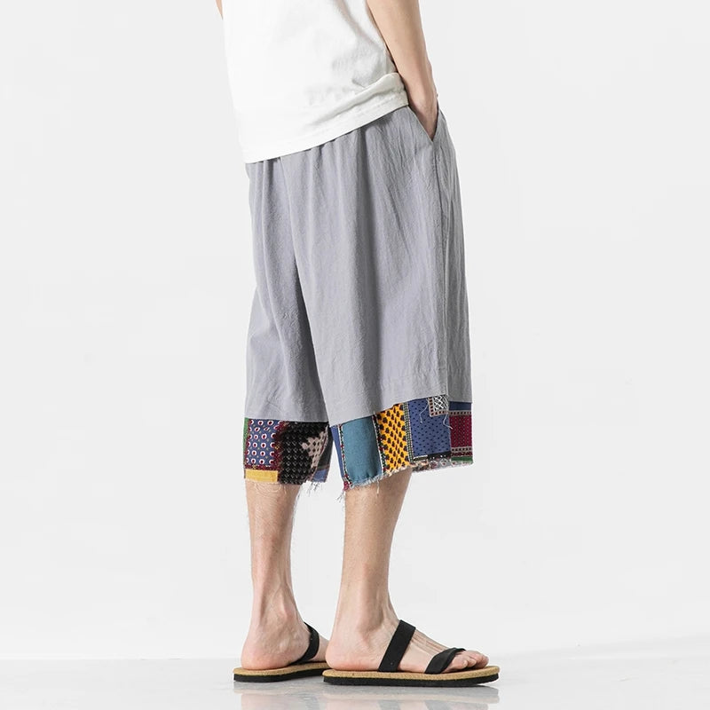 mens summer thin linen shorts loose straight mens pants japanese patchwork wind over the knee beach pants techwear shorts