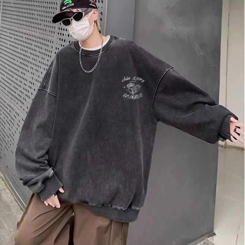 Korean Personalized Distressed Sweatshirt Men's Autumn Trend Brand High Street Handsome Loose Y2K Casual Niche Jacket Youth Tops