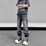 high street distressed black hole washed destroyed jeans casual ripped logging pants straight wide leg denim pants for men urban skinny jeans