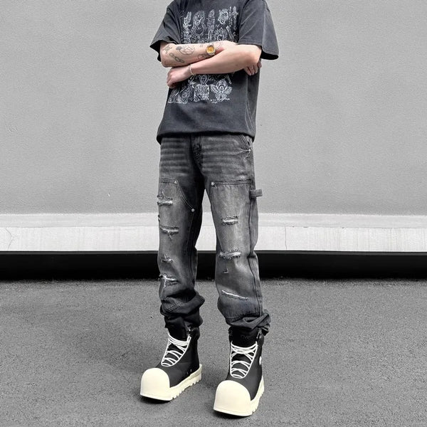 high street distressed black hole washed destroyed jeans casual ripped logging pants straight wide leg denim pants for men urban skinny jeans