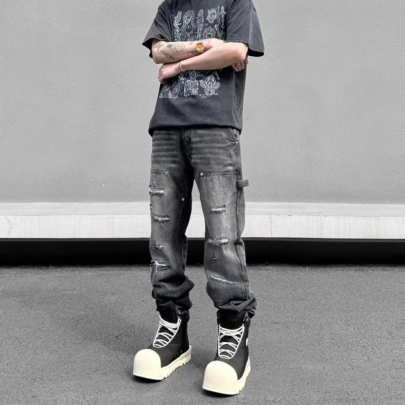 high street distressed black hole washed destroyed jeans casual ripped logging pants straight wide leg denim pants for men urban skinny jeans